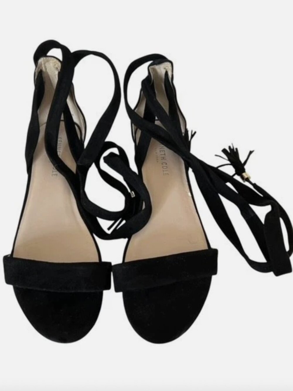 Kenneth Cole Women's Black Suede Lace-Up Block Heel Sandals Ankle Wrap 7M